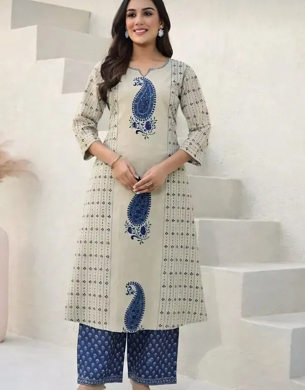 Beige_Cotton_Printed_Straight_Kurta_with_Blue_Palazzo_for_Women