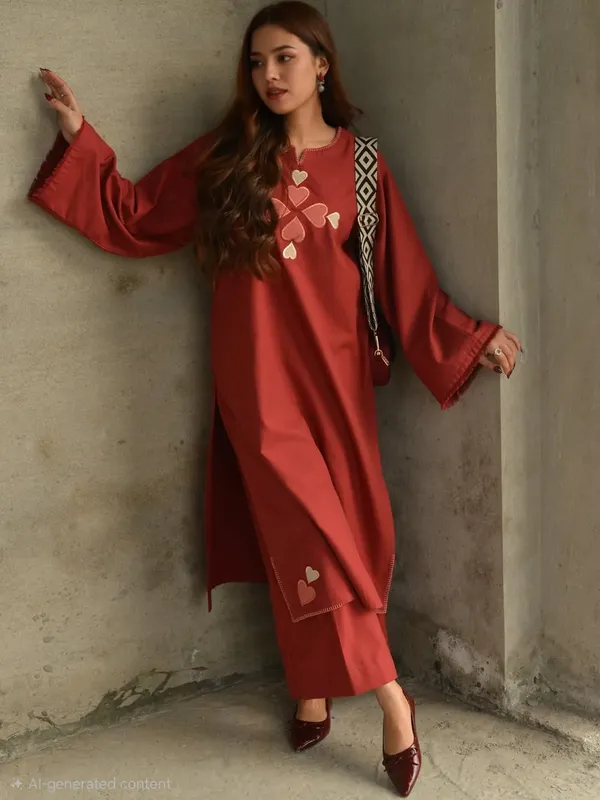Maroon_Embroidered_Heart_Applique_Kurta_Set_With_Geometric_Strap_Bag