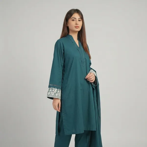 Teal_Embroidered_Kurta_With_Matching_Trousers_For_Women