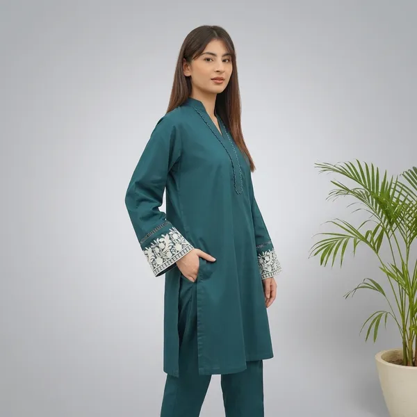 Teal_Embroidered_Kurta_With_Matching_Trousers_For_Women