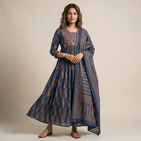 Blue_Cotton_Block_Print_Anarkali_Kurta_Set_With_Dupatta_For_Women