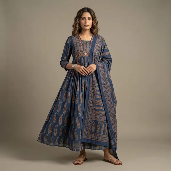 Blue_Cotton_Block_Print_Anarkali_Kurta_Set_With_Dupatta_For_Women