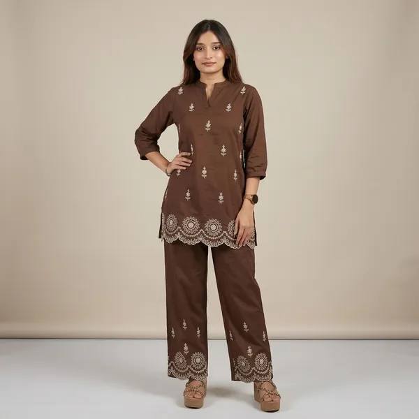 Brown_Embroidered_Ethnic_Kurta_Pajama_Set_For_Women