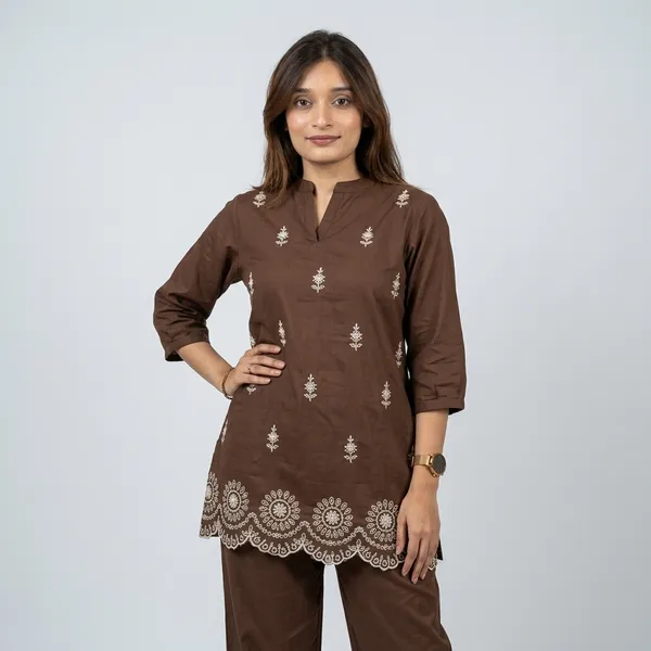 Brown_Embroidered_Ethnic_Kurta_Pajama_Set_For_Women