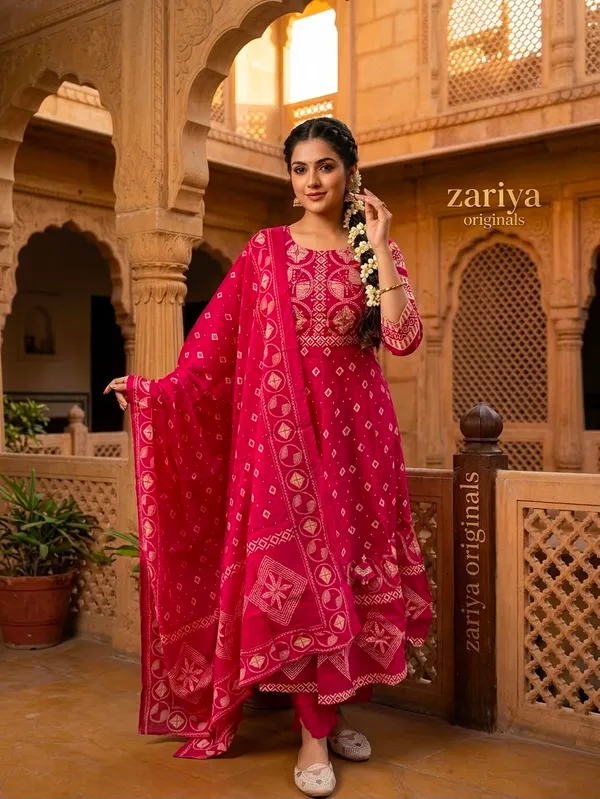 Pink_Bandhani_Print_Straight_Kurta_Set_For_Women