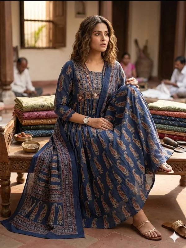 Blue_Cotton_Block_Print_Anarkali_Kurta_Set_With_Dupatta_For_Women