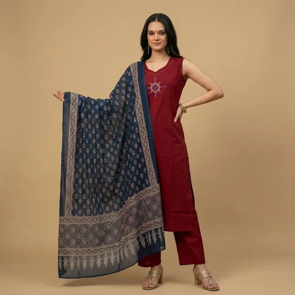Maroon_Cotton_Embroidered_Straight_Kurta_Set_With_Printed_Dupatta_For_Women