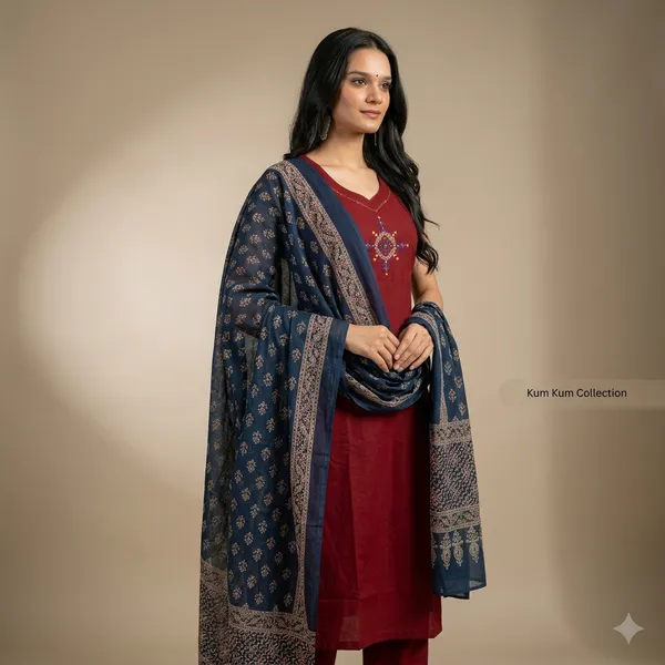 Maroon_Cotton_Embroidered_Straight_Kurta_Set_With_Printed_Dupatta_For_Women
