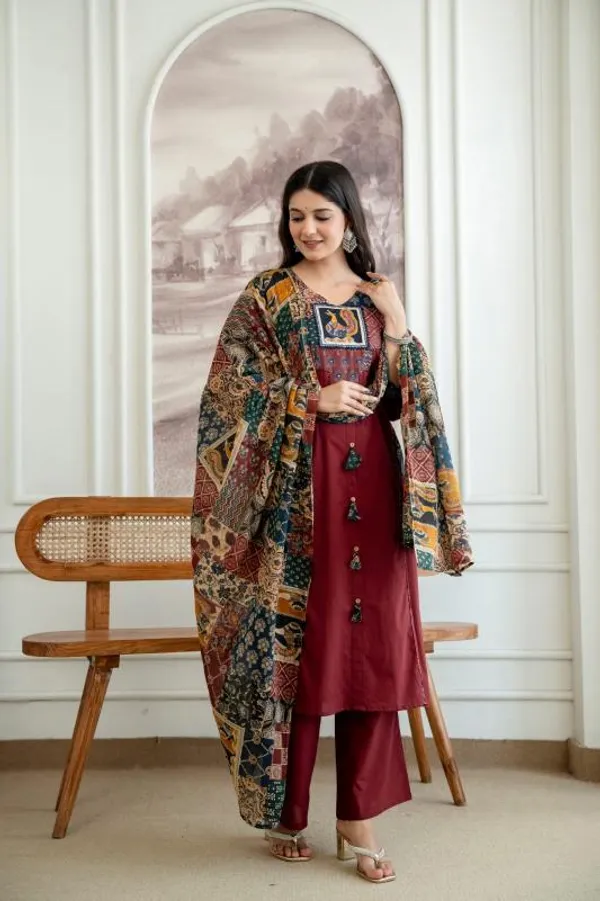 Maroon_Patchwork_Embroidered_Kurta_Set_With_Dupatta_For_Women