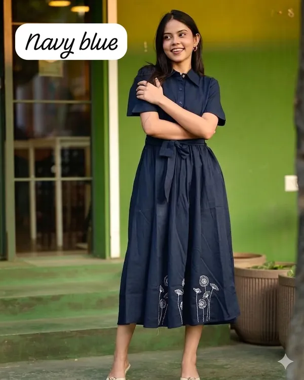 Navy_Blue_Cotton_Shirt_Dress_With_Waist_Tie_For_Women