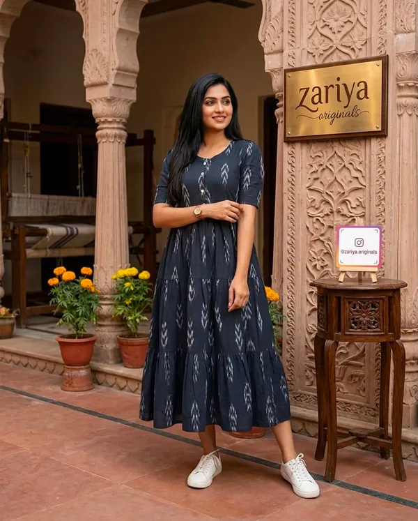 Navy_Blue_Cotton_Ikat_Print_Fit_And_Flare_Dress_For_Women