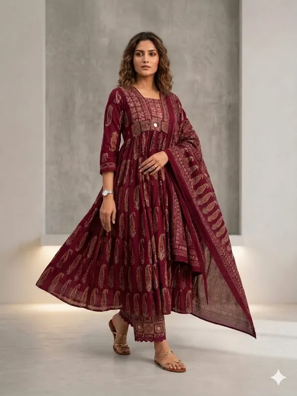 Maroon_Printed_Anarkali_Kurta_Set_With_Dupatta_For_Women