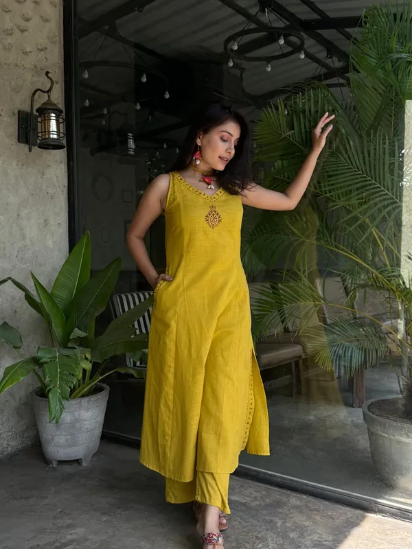 Yellow_Cotton_Sleeveless_Embroidered_Kurta_Palazzo_Set_For_Women