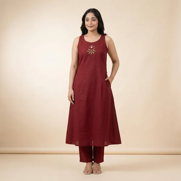 Maroon_Cotton_Sleeveless_A_Line_Kurta_Set_For_Women