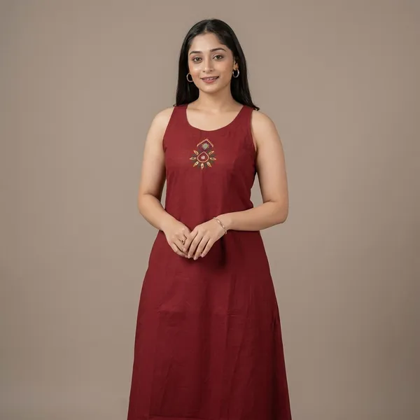 Maroon_Cotton_Sleeveless_A_Line_Kurta_Set_For_Women