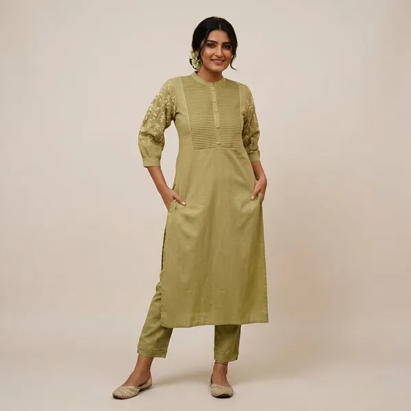 Olive_Green_Embroidered_Kurta_Pant_Set_For_Women