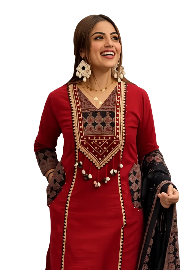 Red_Cotton_Embroidered_V_Neck_Kurta_for_Women