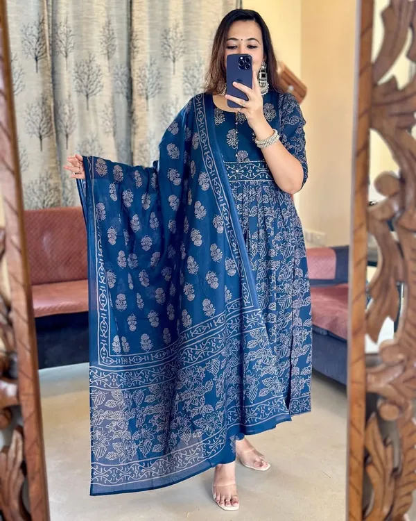Blue_Cotton_Block_Print_Anarkali_Kurta_Set_For_Women