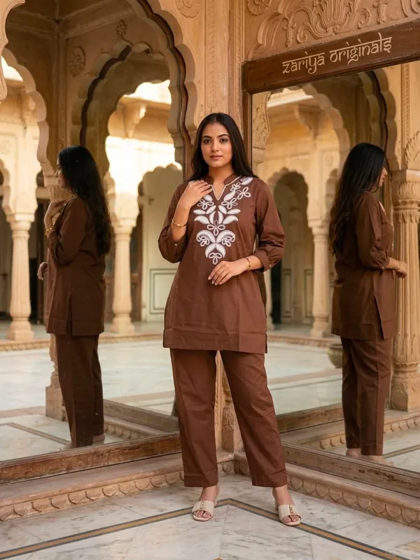 Brown_Cotton_Embroidered_Kurta_Pant_Set_For_Women
