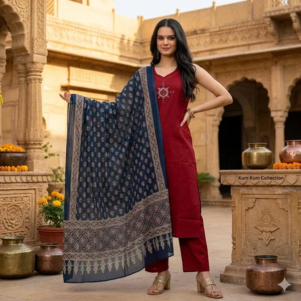 Maroon_Cotton_Embroidered_Straight_Kurta_Set_With_Printed_Dupatta_For_Women