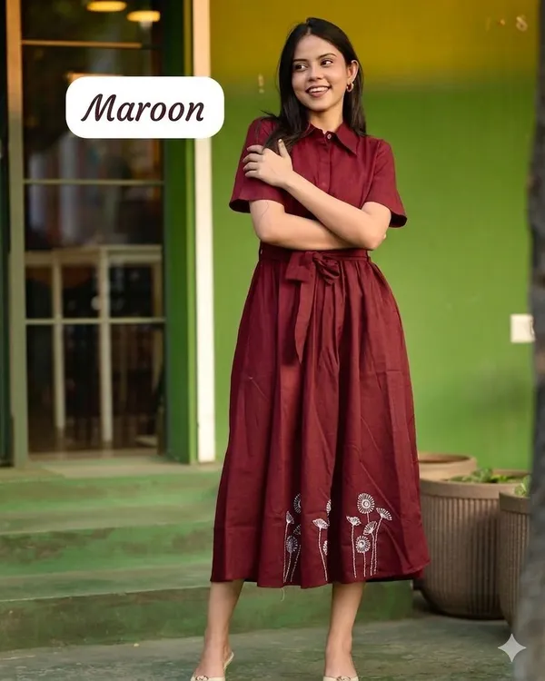 Maroon_Cotton_Embroidered_Shirt_Dress_For_Women