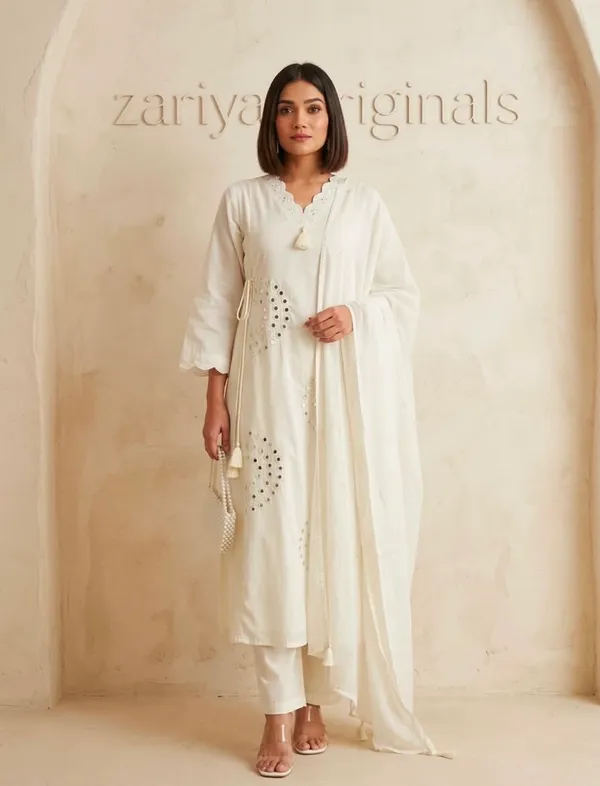 White_Embellished_Mirror_Work_Kurta_Set_With_Dupatta_For_Women