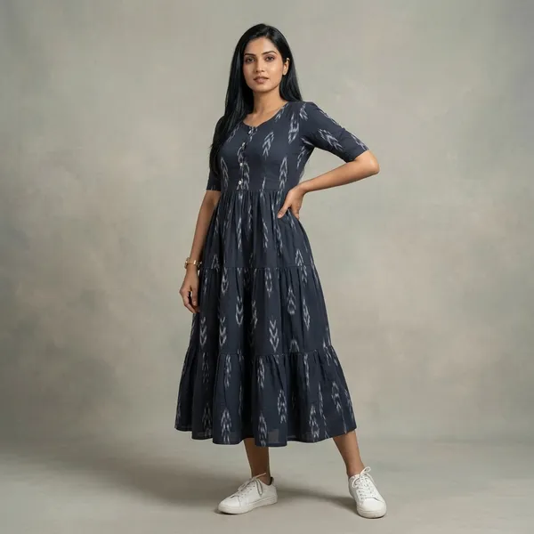 Navy_Blue_Cotton_Ikat_Print_Fit_And_Flare_Dress_For_Women