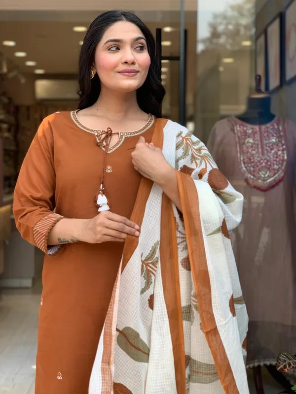 Rust_Orange_Cotton_Embellished_Kurta_Set_With_Printed_Dupatta_For_Women