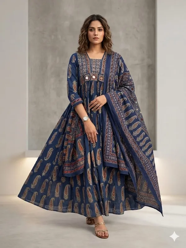 Blue_Cotton_Block_Print_Anarkali_Kurta_Set_With_Dupatta_For_Women