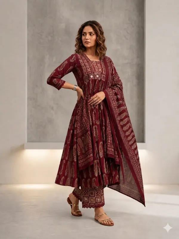 Maroon_Printed_Anarkali_Kurta_Set_With_Dupatta_For_Women