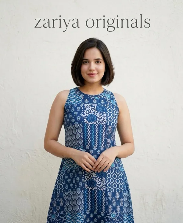 Blue_Cotton_Hand_Block_Print_Sleeveless_Kurta_For_Women