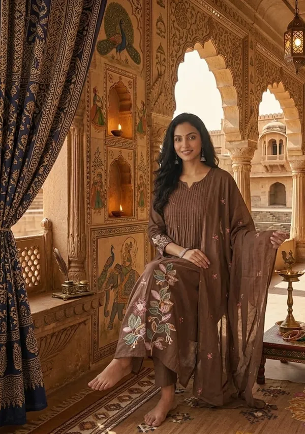 Brown_Embroidered_Floral_Kurta_Set_With_Dupatta_For_Women