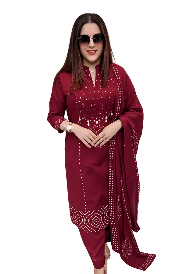 Maroon_Cotton_Bandhani_Print_Straight_Kurta_Set_for_Women