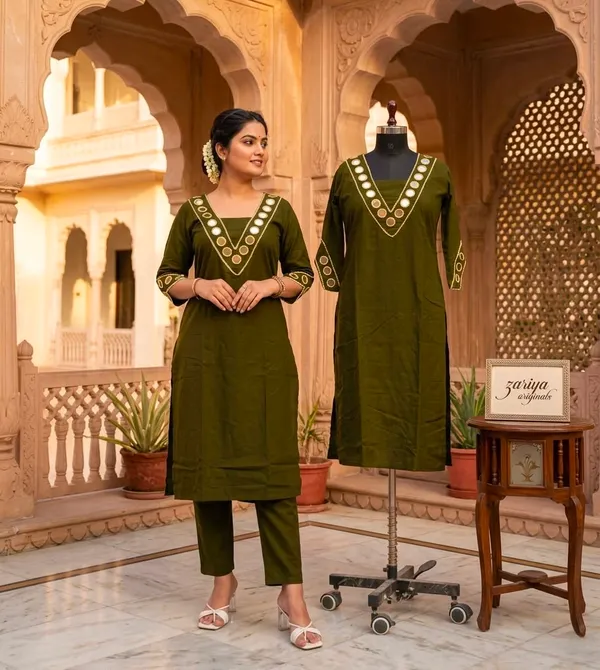 Olive_Green_Embroidered_V_Neck_Kurta_Set_For_Women