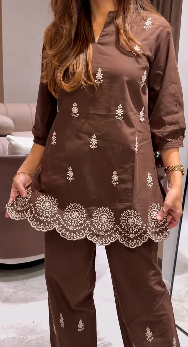 Brown_Embroidered_Ethnic_Kurta_Pajama_Set_For_Women