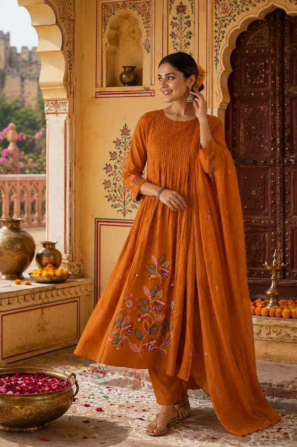 Orange_Cotton_Pintuck_Floral_Embroidered_Kurta_Set_For_Women