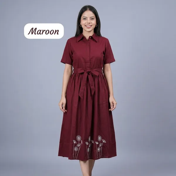 Maroon_Cotton_Embroidered_Shirt_Dress_For_Women
