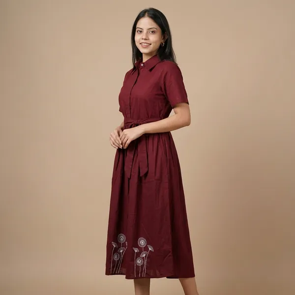 Maroon_Cotton_Embroidered_Shirt_Dress_For_Women