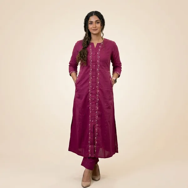 Magenta_Embroidered_A_Line_Kurta_Set_For_Women