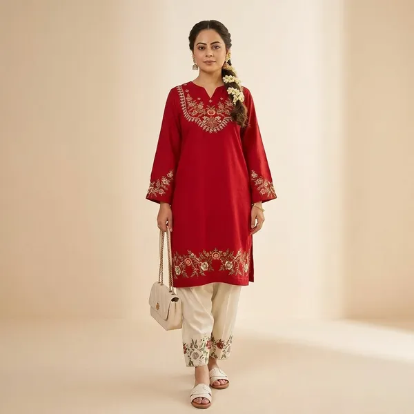 Red_Embroidered_Kurta_Set_With_White_Pants_For_Women