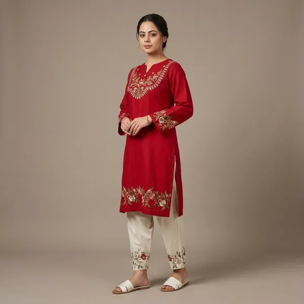 Red_Embroidered_Kurta_Set_With_White_Pants_For_Women