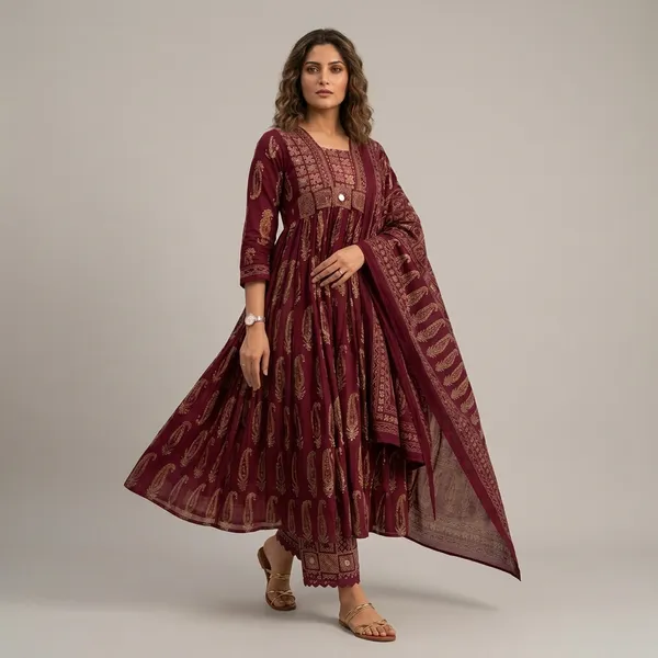 Maroon_Printed_Anarkali_Kurta_Set_With_Dupatta_For_Women