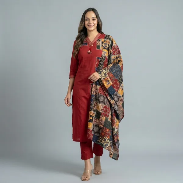 Maroon_Cotton_Straight_Kurta_Set_With_Patchwork_Dupatta_For_Women