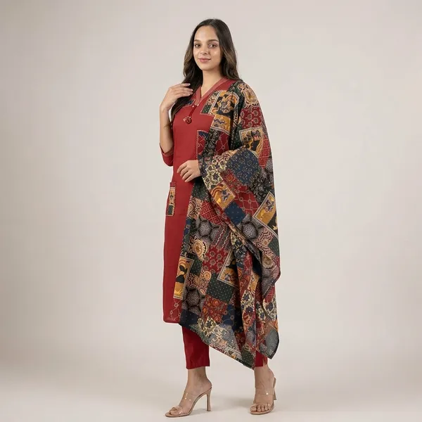 Maroon_Cotton_Straight_Kurta_Set_With_Patchwork_Dupatta_For_Women
