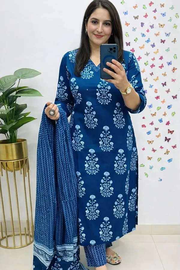 Blue_Cotton_Floral_Print_Kurta_Set_With_Dupatta_for_Women