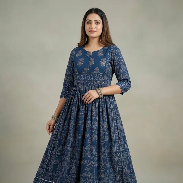 Blue_Cotton_Block_Print_Anarkali_Kurta_Set_For_Women