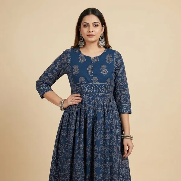 Blue_Cotton_Block_Print_Anarkali_Kurta_Set_For_Women