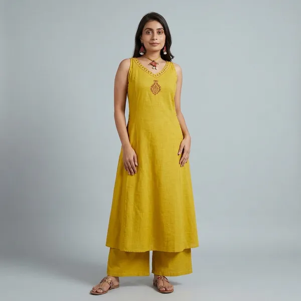 Yellow_Cotton_Sleeveless_Embroidered_Kurta_Palazzo_Set_For_Women