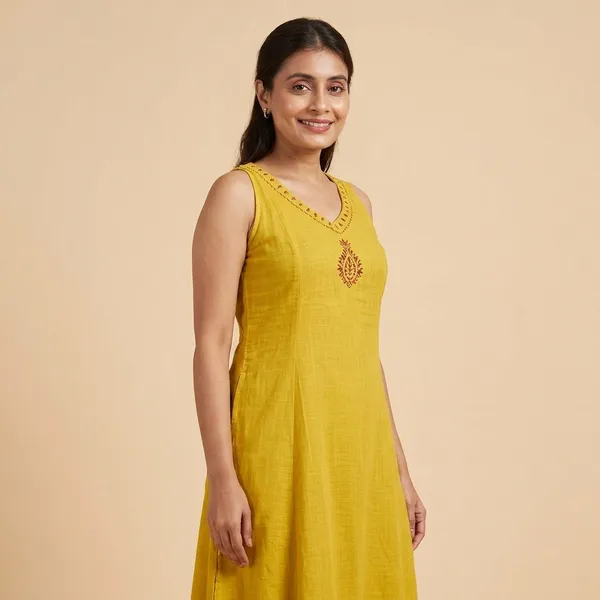 Yellow_Cotton_Sleeveless_Embroidered_Kurta_Palazzo_Set_For_Women