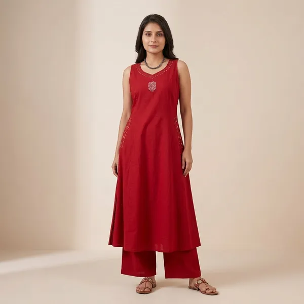 Red_Embroidered_Sleeveless_Kurta_Set_With_Pants_For_Women